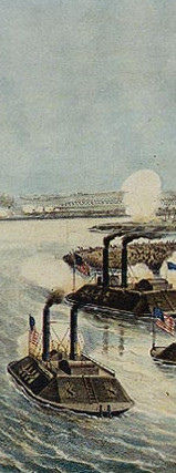 Painting of Mississippi River Squadron ironclads at the battle of Island Number Ten